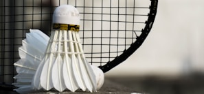 A close-up view of a shuttlecock leaning against a badminton racket with a focus on the net and feathers. The background is blurred, emphasizing the sports equipment in the foreground.
