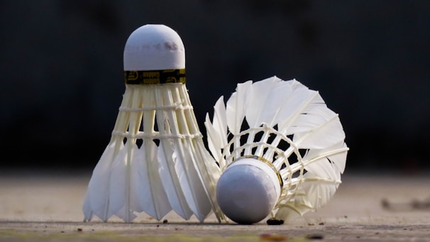 Two badminton shuttlecocks, with one standing upright and the other laying on its side. They are placed on a flat surface with a muted background.