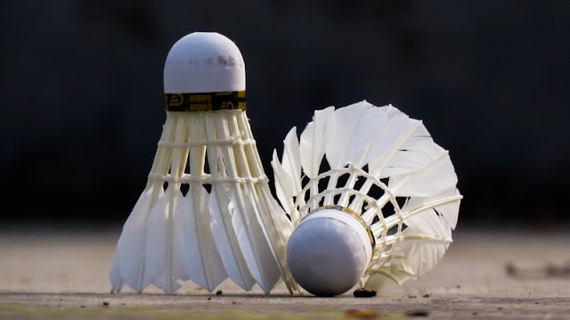 Two badminton shuttlecocks, with one standing upright and the other laying on its side. They are placed on a flat surface with a muted background.