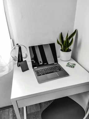 A sleek, minimalist workspace with a laptop and green plant on a white desk.