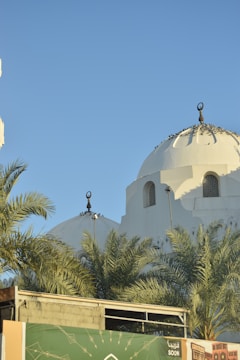 The image features two white domes with crescent moon finials, typical in Islamic architecture, surrounded by palm trees. The sky is clear blue, and there is a green and beige signage at the bottom with Arabic text.