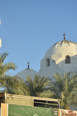 The image features two white domes with crescent moon finials, typical in Islamic architecture, surrounded by palm trees. The sky is clear blue, and there is a green and beige signage at the bottom with Arabic text.