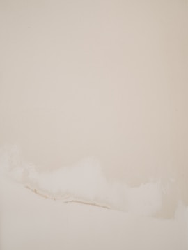 A minimalist abstract painting with a soft beige background and subtle white and cream brush strokes along the lower portion.