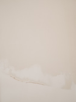 A minimalist abstract painting with a soft beige background and subtle white and cream brush strokes along the lower portion.