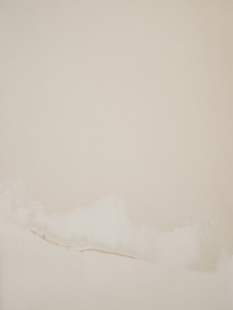 A minimalist abstract painting with a soft beige background and subtle white and cream brush strokes along the lower portion.