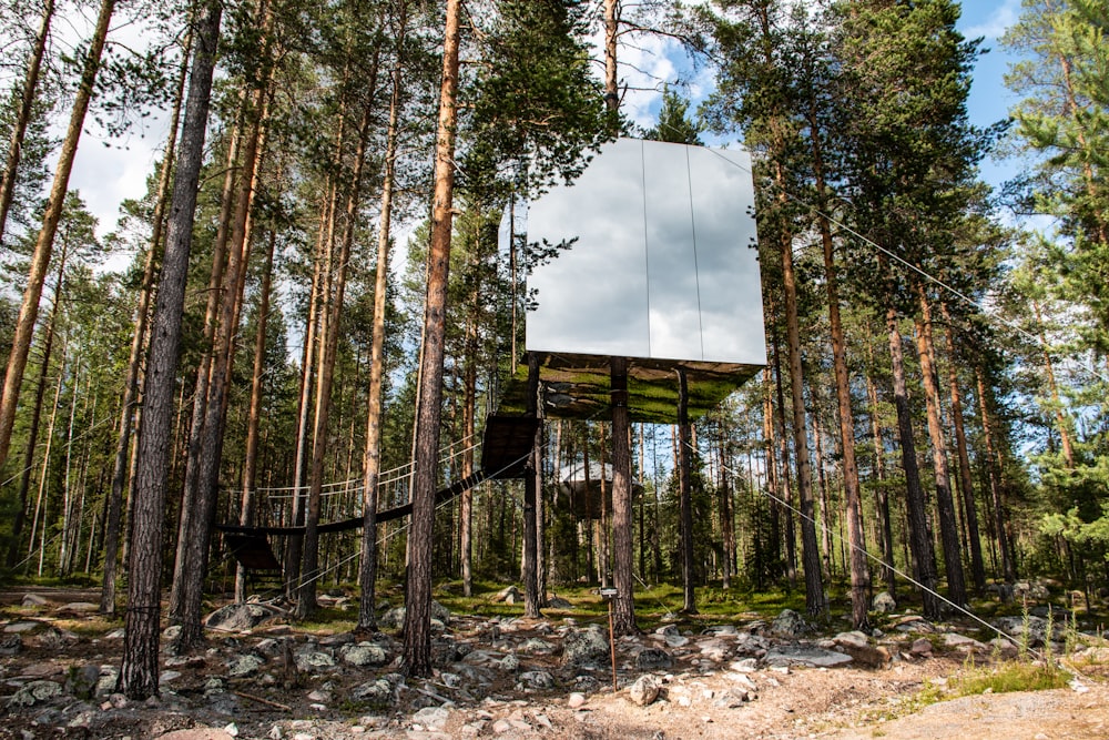 Braunes Holzhaus im Wald tagsüber