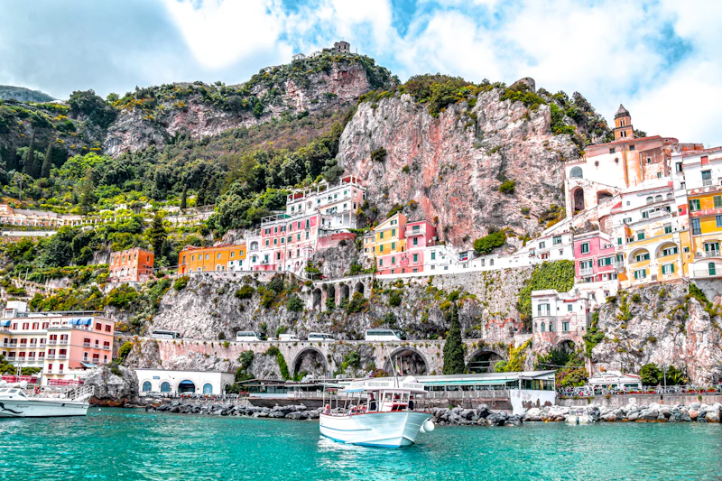 Amalfi Coast cliffside villages overlooking turquoise sea