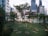 A small urban garden is situated in the foreground with neatly arranged plants and a central young tree. The background features a chain-link fence separating the garden from a modern cityscape, including a mix of traditional and contemporary architecture.