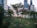 A small urban garden is situated in the foreground with neatly arranged plants and a central young tree. The background features a chain-link fence separating the garden from a modern cityscape, including a mix of traditional and contemporary architecture.