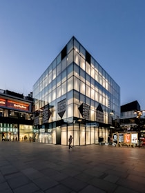 A modern, multi-story glass building with reflective panels, illuminated from within during dusk. The lower floors display large signage reading 'Dover Street Market Beijing.' People are seen walking around, and nearby are brightly lit advertisement boards, enhancing the urban atmosphere.