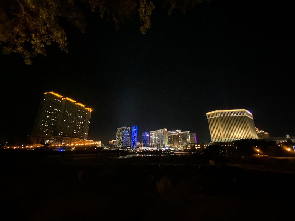 city skyline during night time