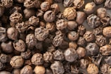 A close-up view of numerous dried peppercorns in various sizes and textures, exhibiting a range of dark brown and black hues. The peppercorns are densely packed, showcasing their natural, rough surfaces and irregular shapes.