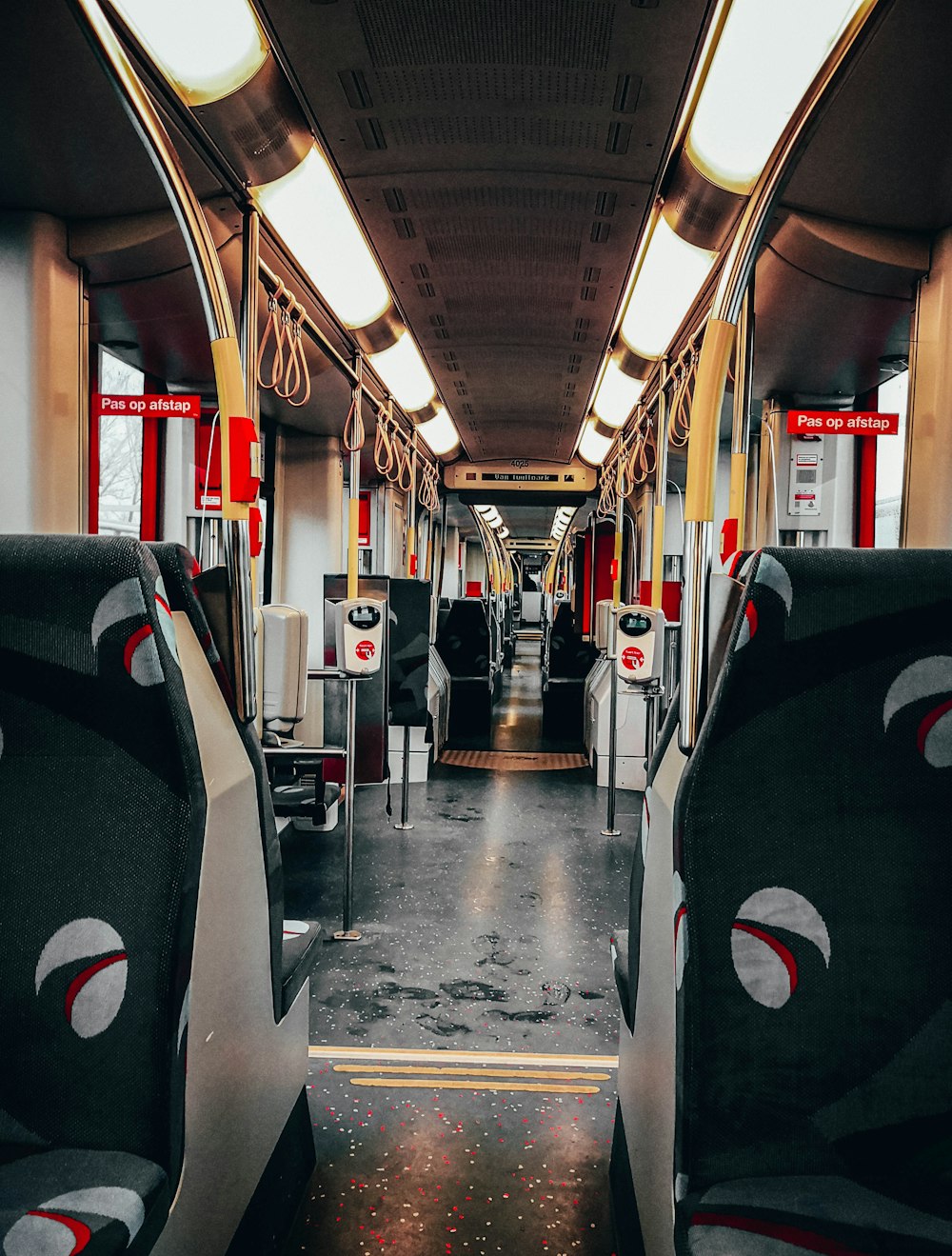 black and white train interior