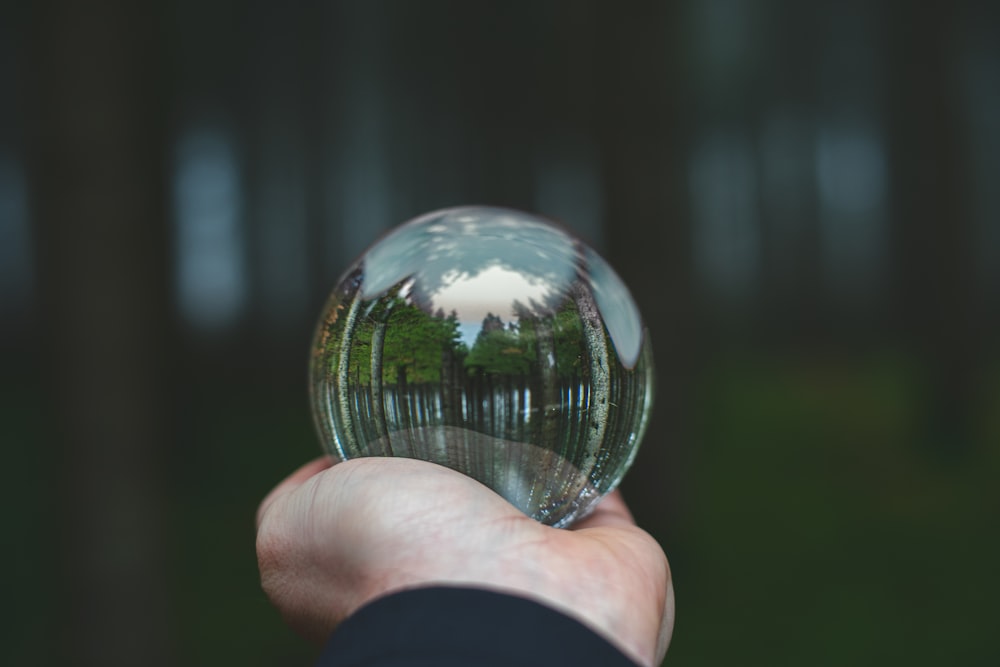 a person holding a glass ball in their hand