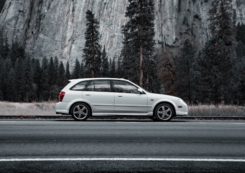 A rental car parked in a scenic location.
