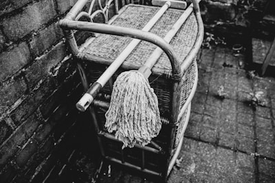 A shiny mop resting beside a bucket filled with soapy water.