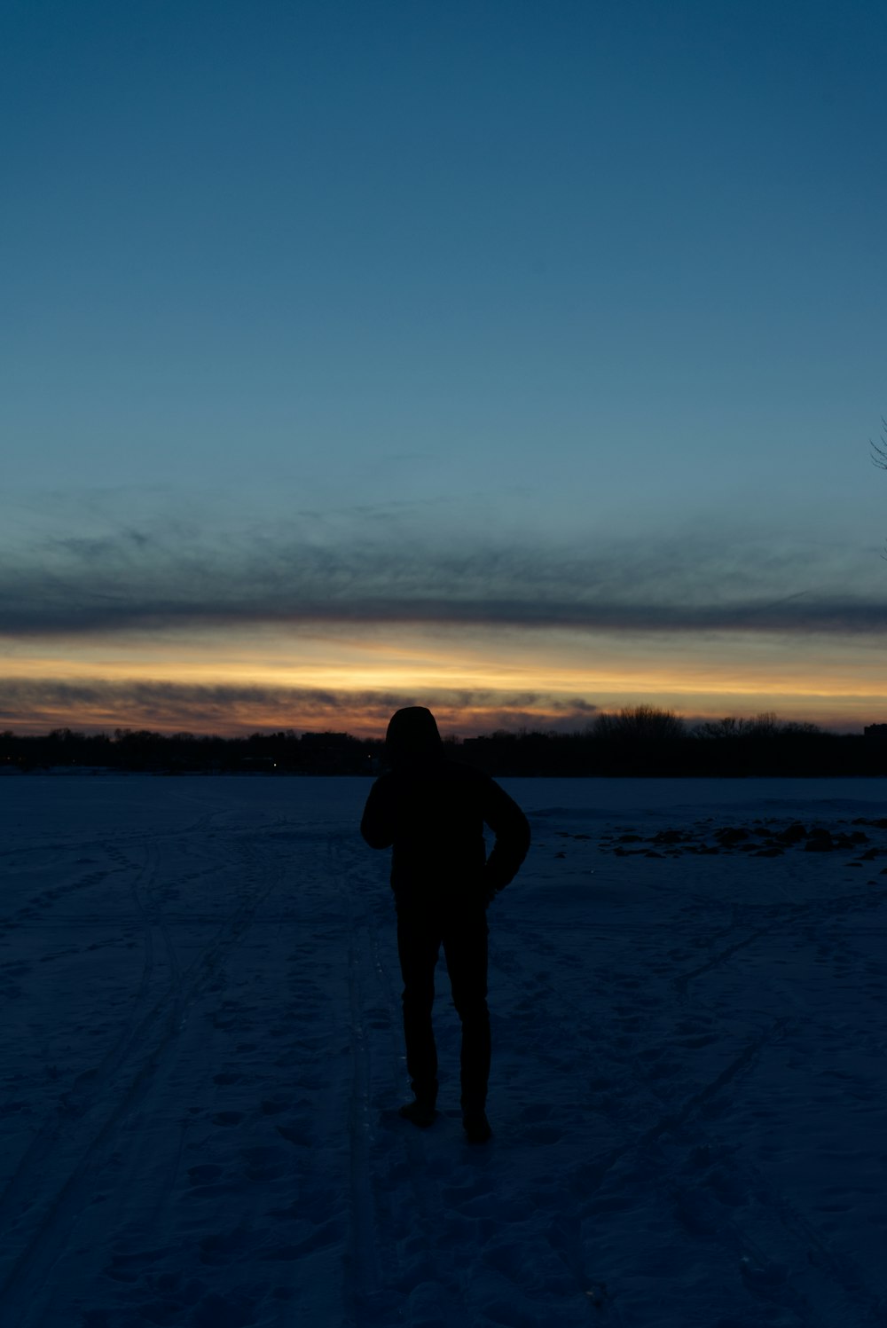 una persona in piedi nella neve al tramonto