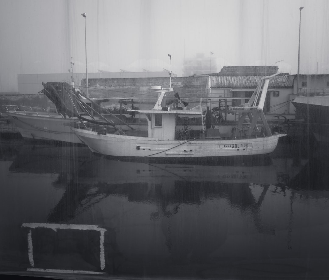 grayscale photo of white ship on water