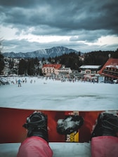 red and black snow covered houses near green trees and mountain during daytime