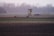 A rural landscape features an open field with two deer running across the grass. In the background, a wooden hunting stand is visible, and beyond that, a line of leafless trees under an overcast sky.