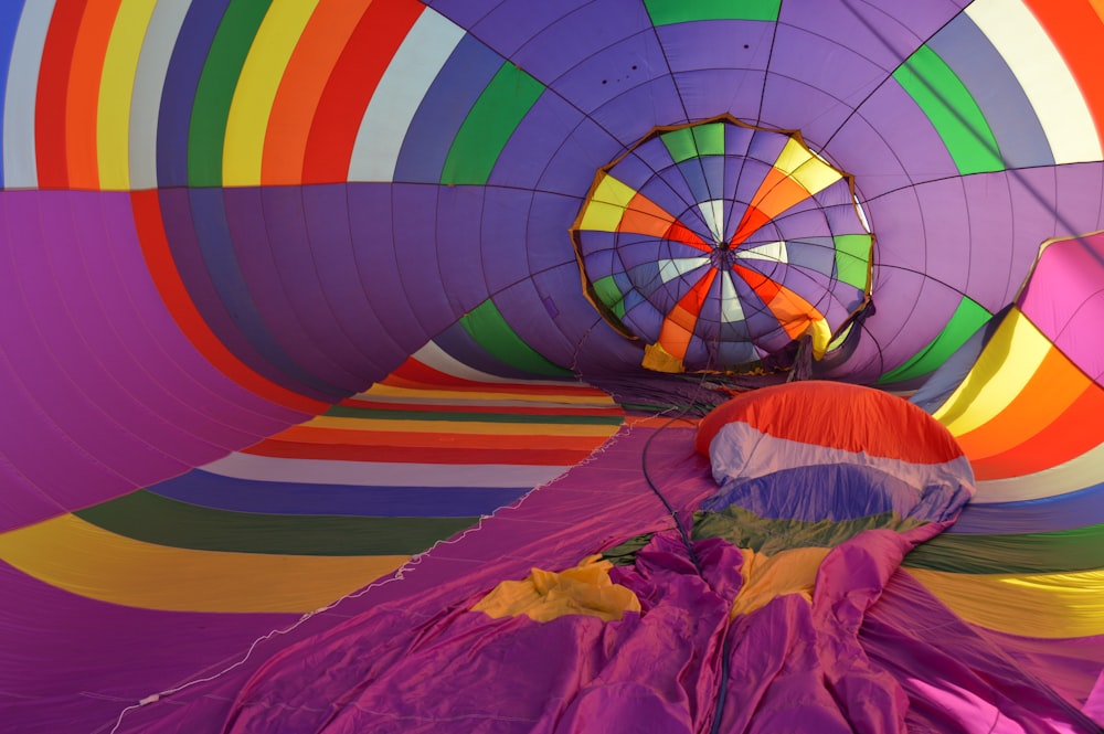 purple yellow and blue hot air balloon