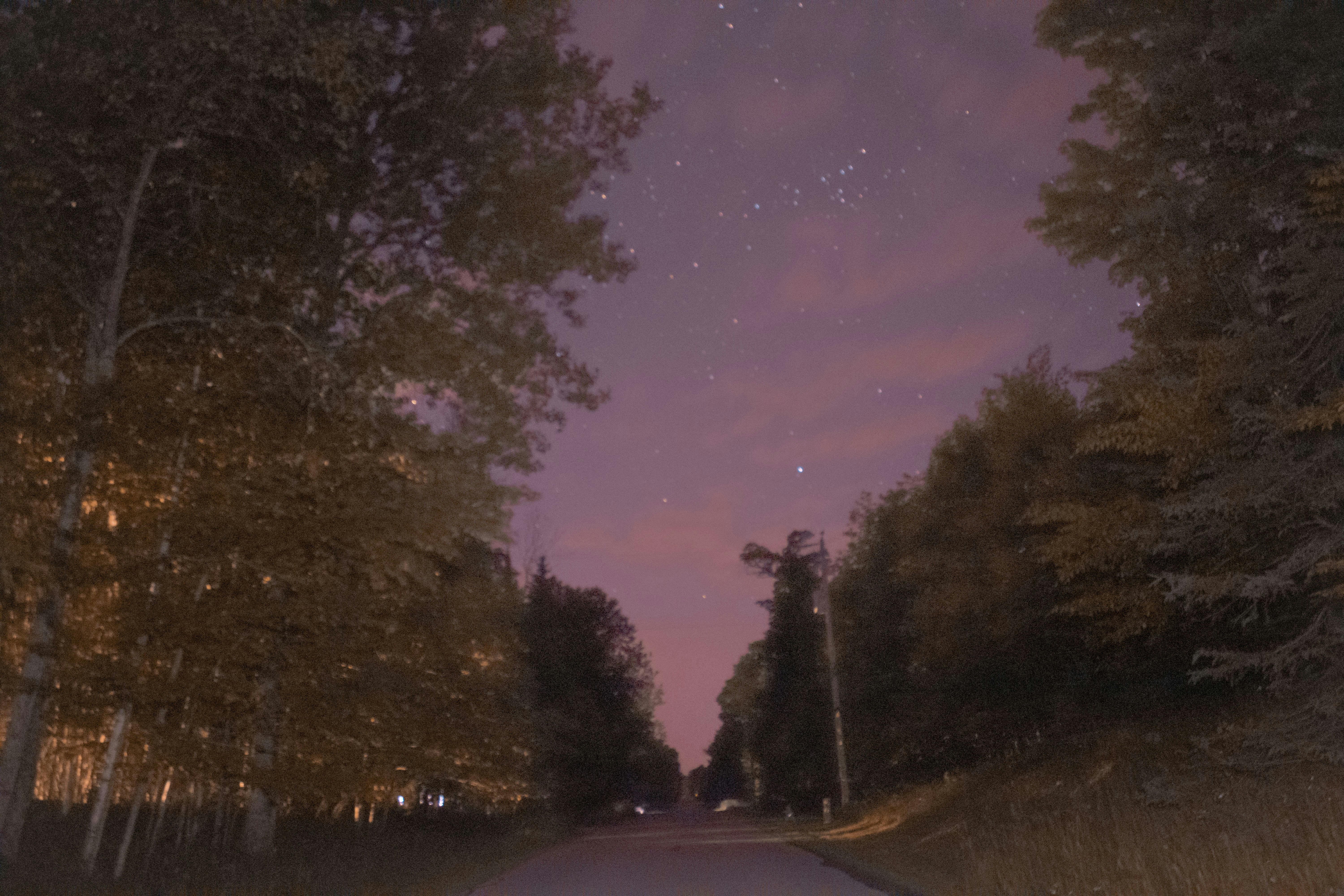 Old grainy photo of night sky and street with stars on a calm summer night.