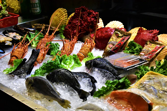Close-up of frozen seafood neatly packed and ready for distribution.
