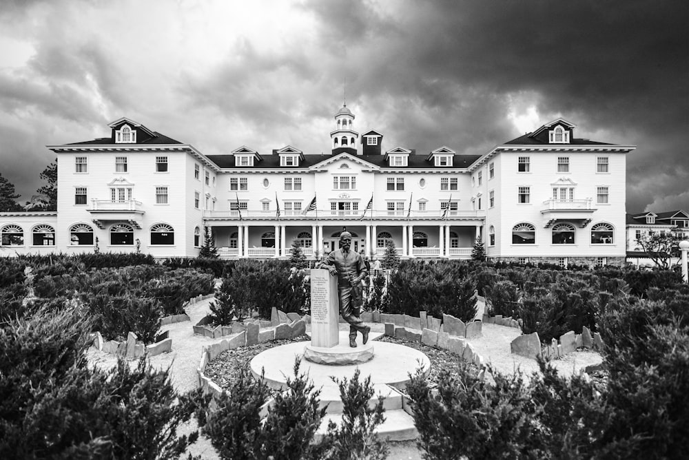 grayscale photo of houses and trees