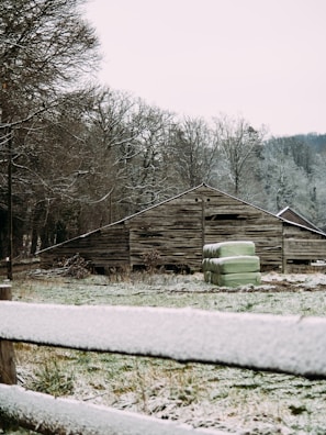 A rustic wooden barn stands amidst a winter landscape. Surrounding trees are bare, dusted with a light layer of snow. In front of the barn, a few large green hay bales are stacked. A wooden fence in the foreground is also covered with snow, adding to the serene, chilly atmosphere.