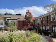 A landscaped area with lush greenery and ornamental grasses is in the foreground, leading to a row of red-brick buildings with white-framed windows. A tree with vibrant red foliage stands prominently near the center. In the background, a modern building with a grey and glass exterior is visible under a partly cloudy sky.