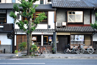 A coffee shop with a ginkgo tree and bicycles on a Japanese street