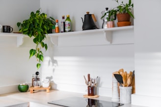A kitchen countertop featuring a variety of items including a green plant, bottles, a black kettle, and various kitchen utensils in containers. On the top shelf, there's a potted plant and bottles of oil and sauces. The lower area has small jars, cups, and a chopping board.