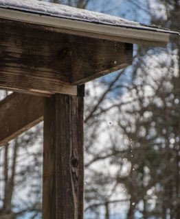 A close-up view of a wooden roof overhang with water droplets dripping from the edge. Snow is partially covering the roof. The background features out-of-focus tree branches against a cloudy sky.