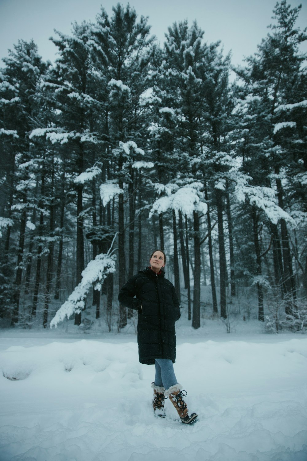 woman in black coat standing on snow covered ground surrounded by trees during daytime