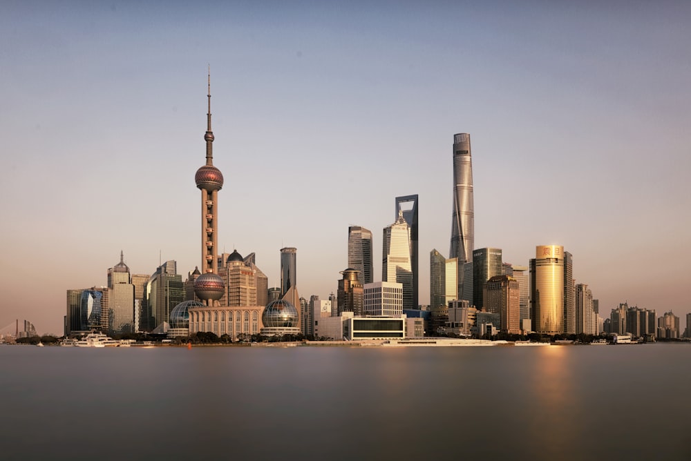 city skyline during night time