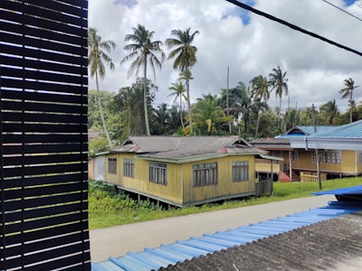 Wooden houses with metal roofs are surrounded by lush green vegetation and tall palm trees, under a partly cloudy sky. A segment of a dark window blind is visible on the left.