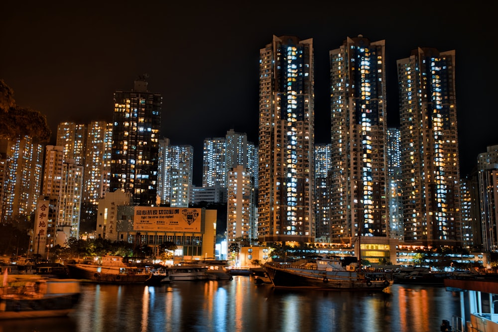 city skyline during night time