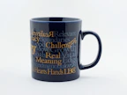 A collection of colorful mugs and journals featuring uplifting Bible verses and spiritual messages.