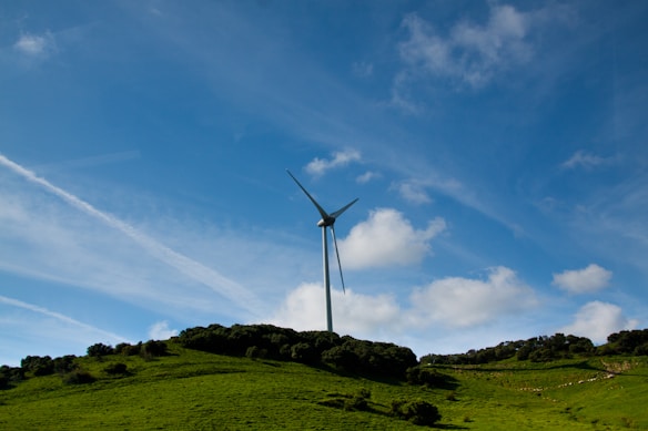 A large wind turbine stands prominently on a grassy hill covered with lush green vegetation. The sky is clear blue with a few scattered fluffy clouds, creating a sense of openness and freshness.