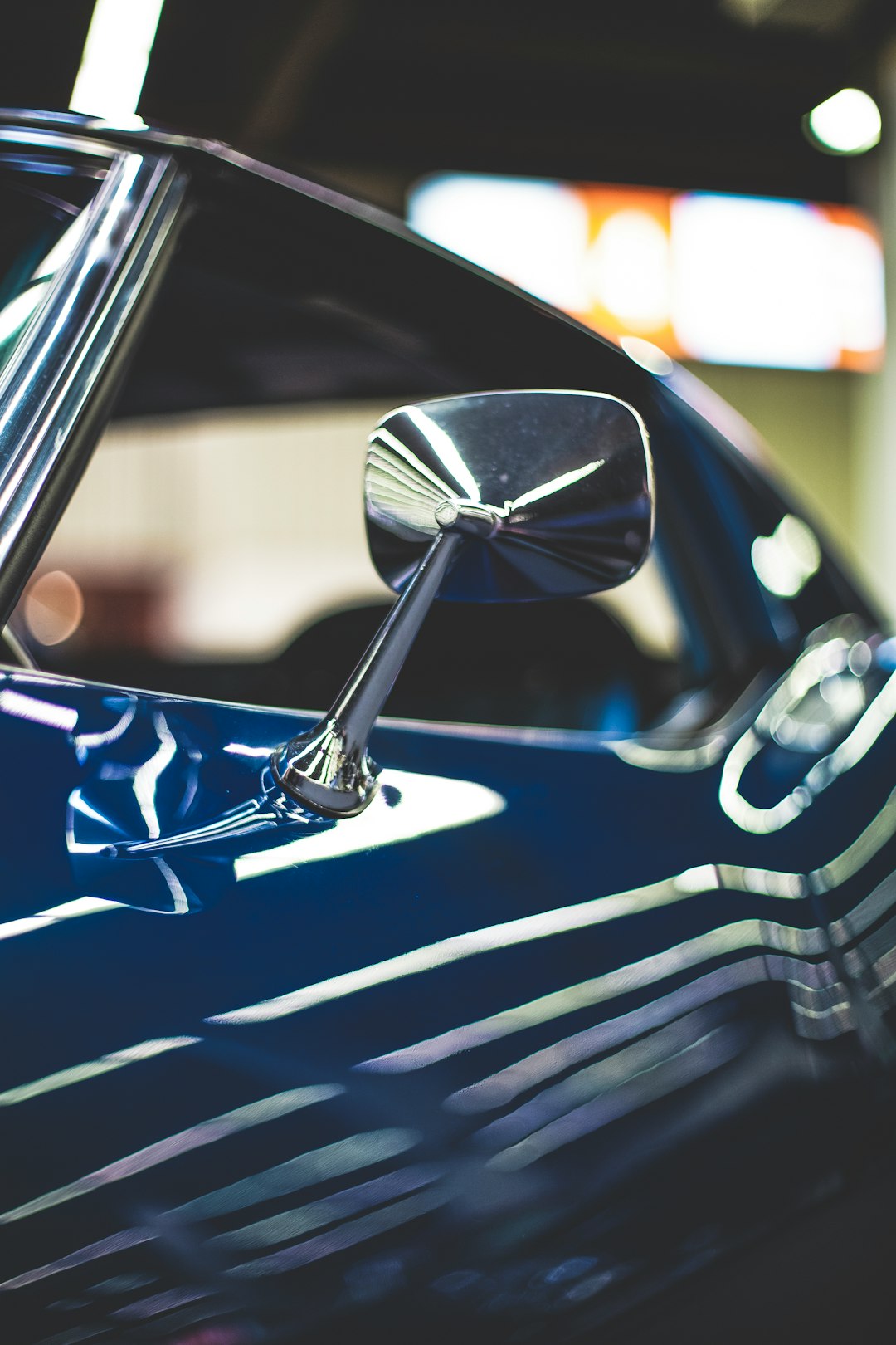 blue and black car side mirror