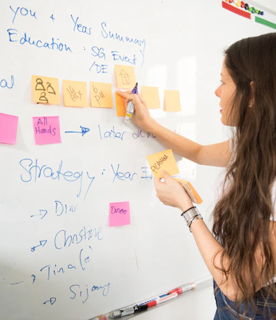 A woman with long hair is writing on a whiteboard. She is using sticky notes and markers to organize and plan a strategy. The board has various handwritten notes and symbols related to marketing and digital education.