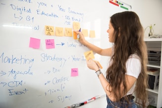 A woman with long hair is writing on a whiteboard. She is using sticky notes and markers to organize and plan a strategy. The board has various handwritten notes and symbols related to marketing and digital education.