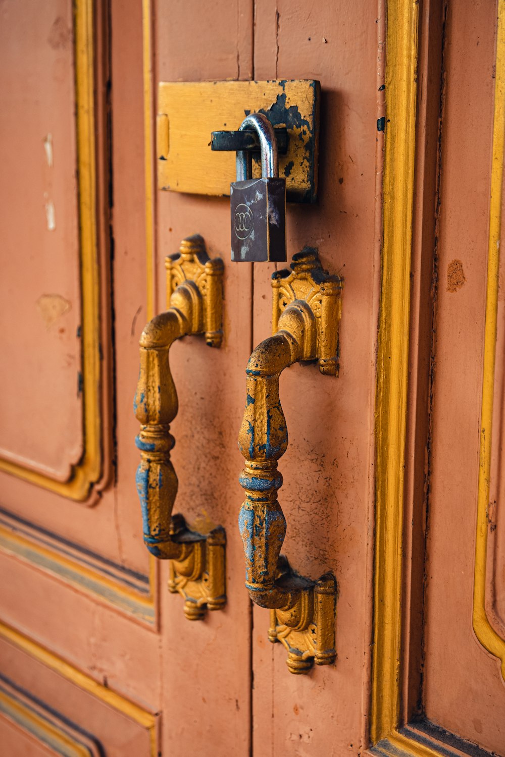 brown wooden door with brass door lever