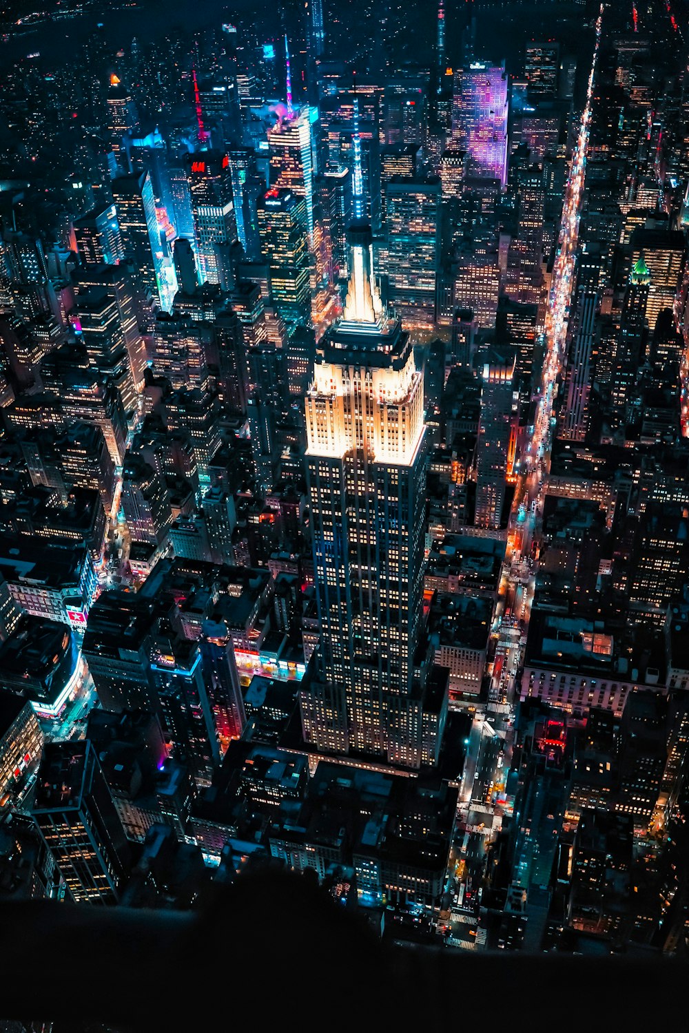 aerial view of city buildings during night time