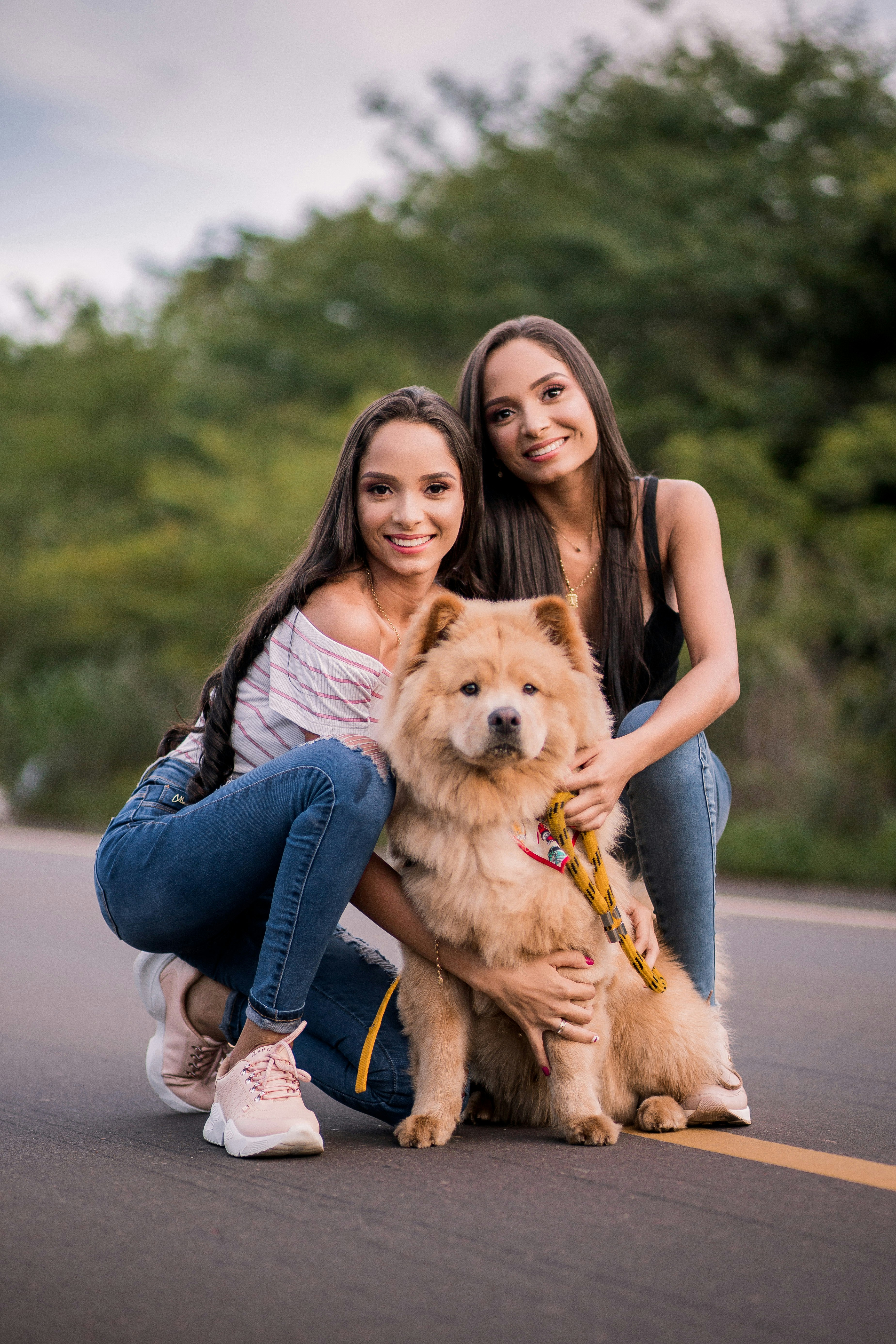 woman in gray cardigan and blue denim jeans holding brown dog