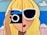 A stylized painting featuring a person with long blonde hair. One eye is covered by large white-framed sunglasses and the other by a classic camera. The background includes a blue sky and clouds, suggesting a sunny day. The artwork uses bold black outlines and bright colors, contributing to a pop-art style.