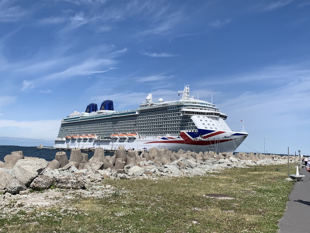 white and black cruise ship on sea shore under blue sky during daytime