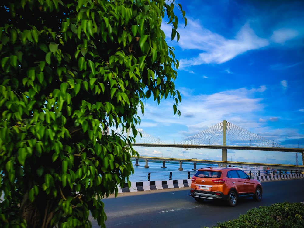 Auto arancione sulla strada di cemento grigia vicino al ponte sotto il cielo blu durante il giorno