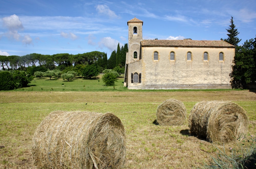 brown grass field near brown concrete building under blue sky during daytime