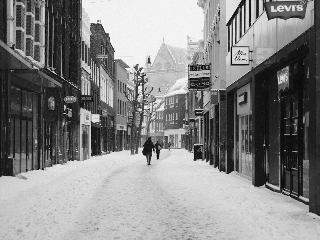 grayscale photo of person walking on snow covered road, Cold winter day in Haarlem, The Netherlands with heavy wind and a lot of snow.